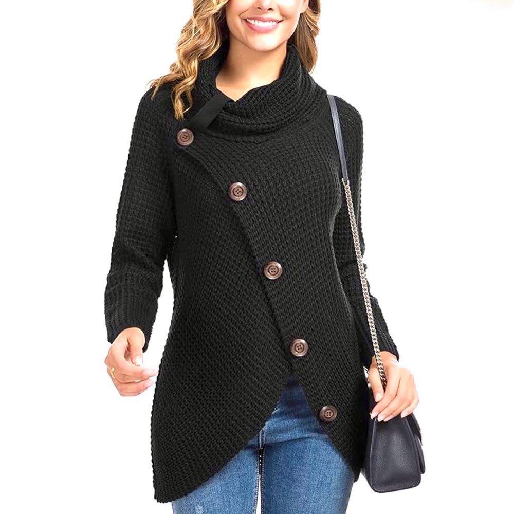 New! Women's Solid Black Chunky Button Pullover Sweater (Large)